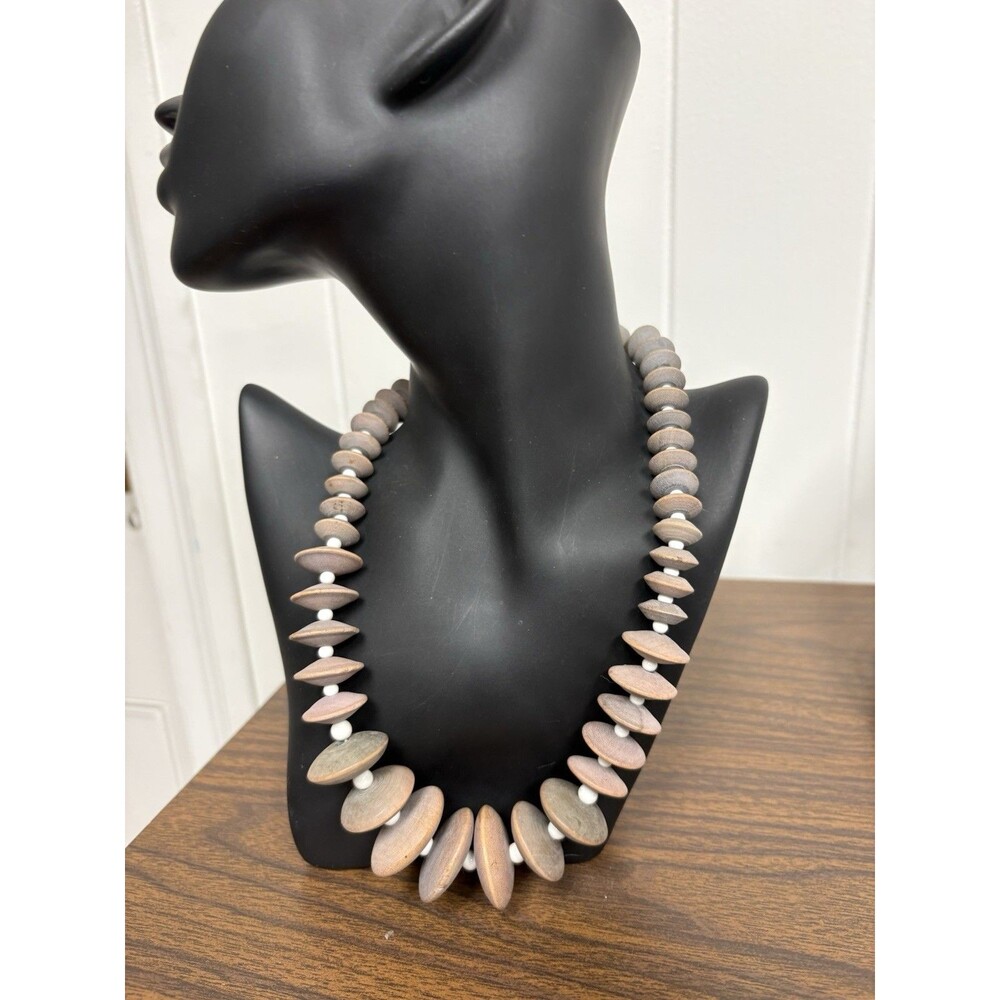 Natural Wood Beaded Necklace Boho Statement Graduated Disc Beads Lobster Clasp